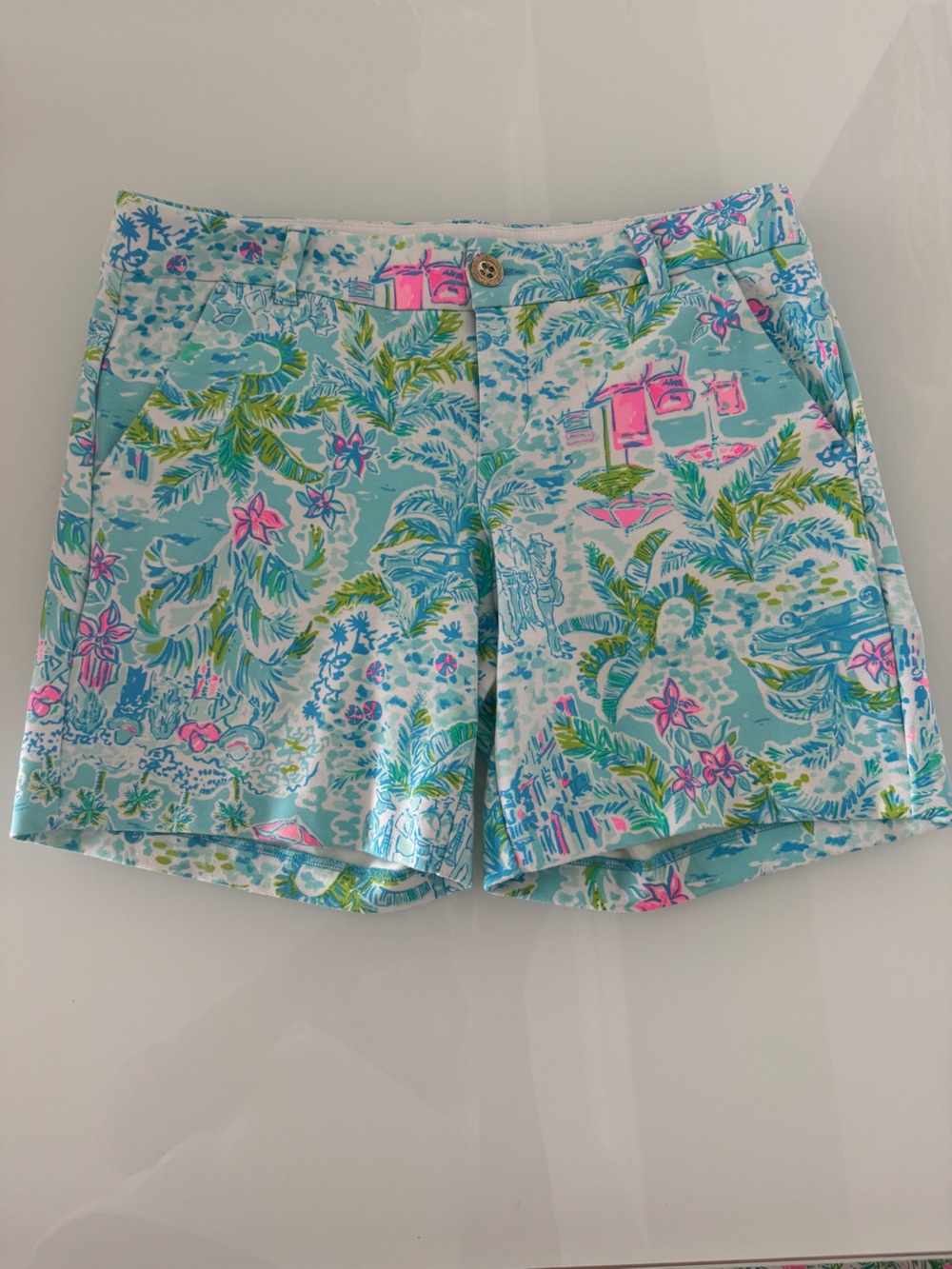 Lilly Pulitzer Aqua Tropical Print Shorts with Pink & Green Accents Size 6